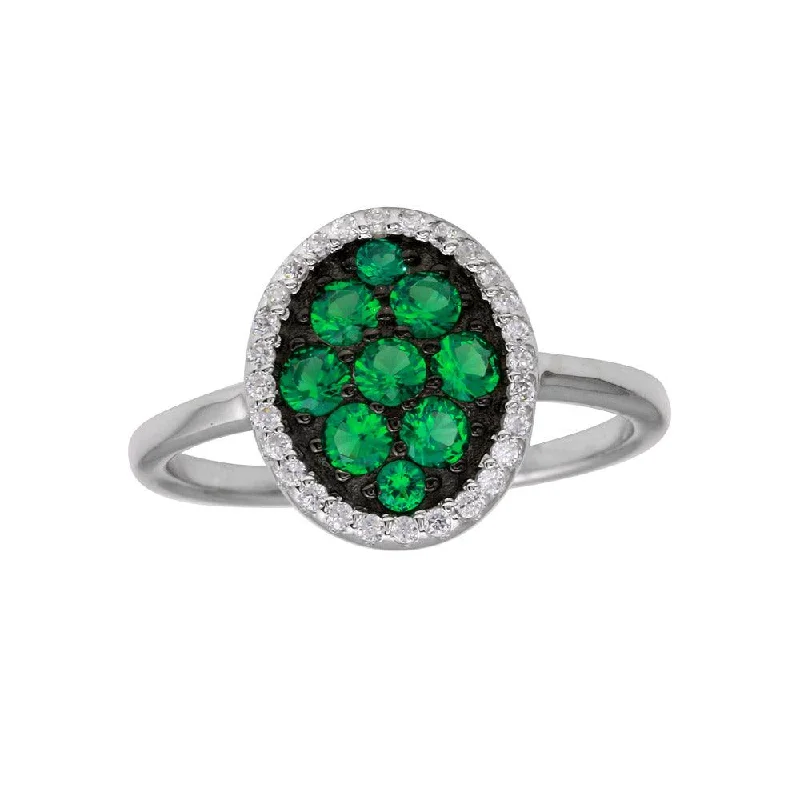 Ladies rings Middle Eastern designs-Rhodium Plated 925 Sterling Silver Oval Ring with Green and Clear CZ - BGR01233GRN