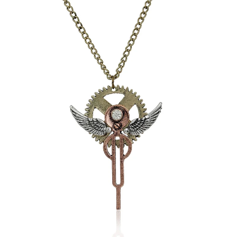 Ladies necklaces domed pendant styles-SEXY SPARKLES Steampunk Necklace Link Curb Chain Antique Bronze Angel Wing Gear Hollow Pendant With Clear Rhinestone