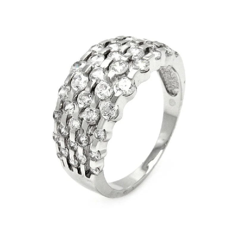 Ladies rings textured band designs-Silver 925 Rhodium Plated Clear Round CZ Ring - BGR00442