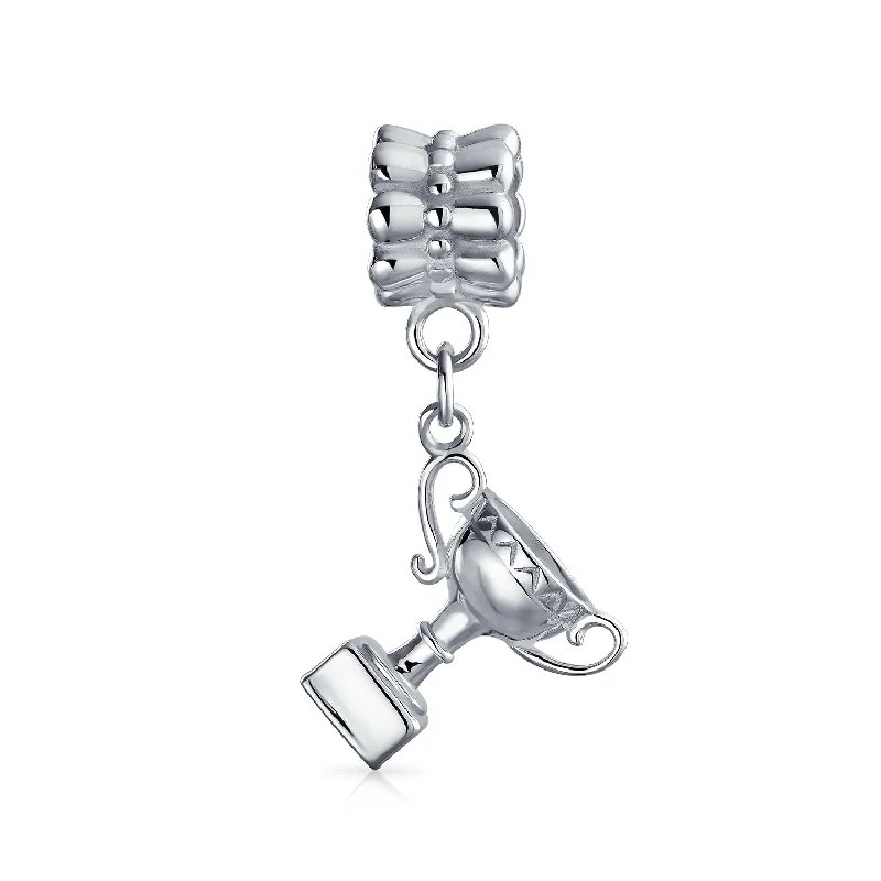 Ladies bracelets pure silver styles-Sports Champion Trophy Dangle Charm Bead Sterling Silver for European Bracelet