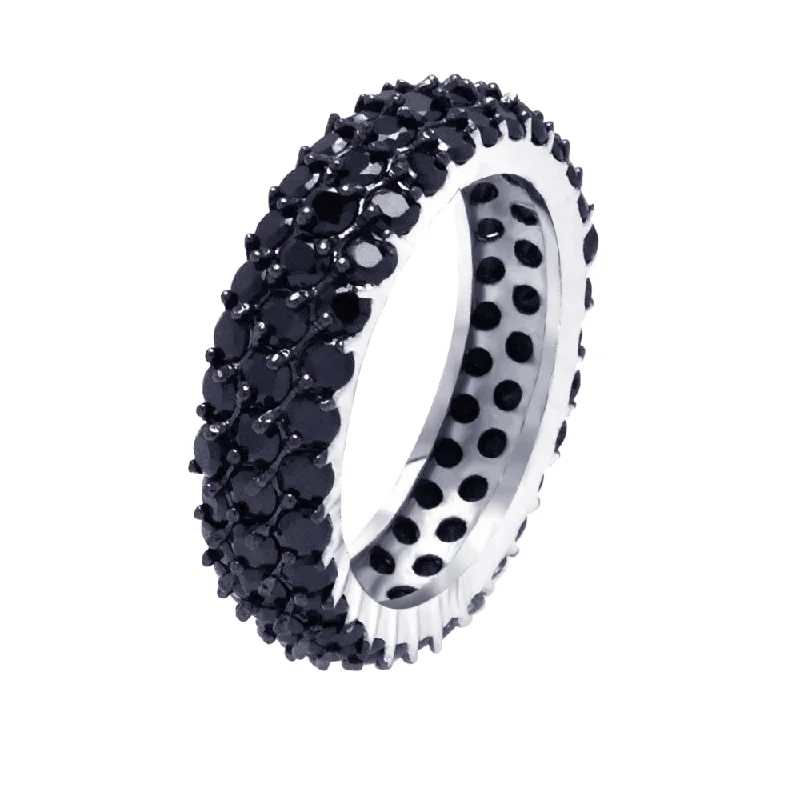 Ladies rings white gold styles-Silver 925 Rhodium and Black Rhodium Plated Black Pave Set CZ Eternity Ring - BGR00380