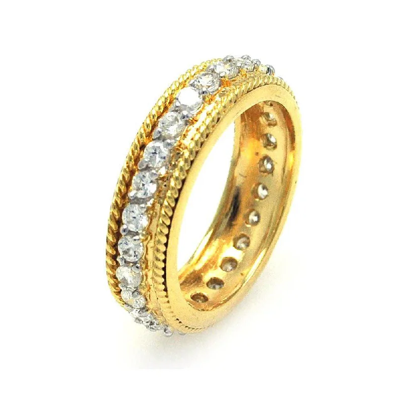 Ladies rings autumn tone rings-Silver 925 Gold Plated Rope Border CZ Eternity Ring - STR00514