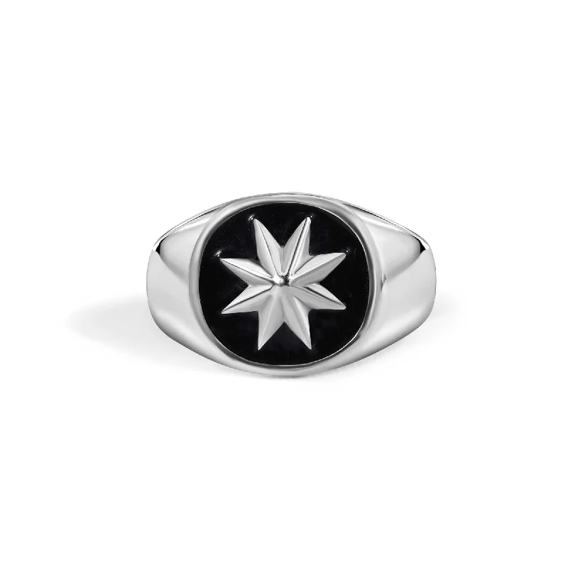 Ladies rings personalized touch options-925 Sterling Silver High Polished Octagram Star Black Enamel Ring - SOR00038