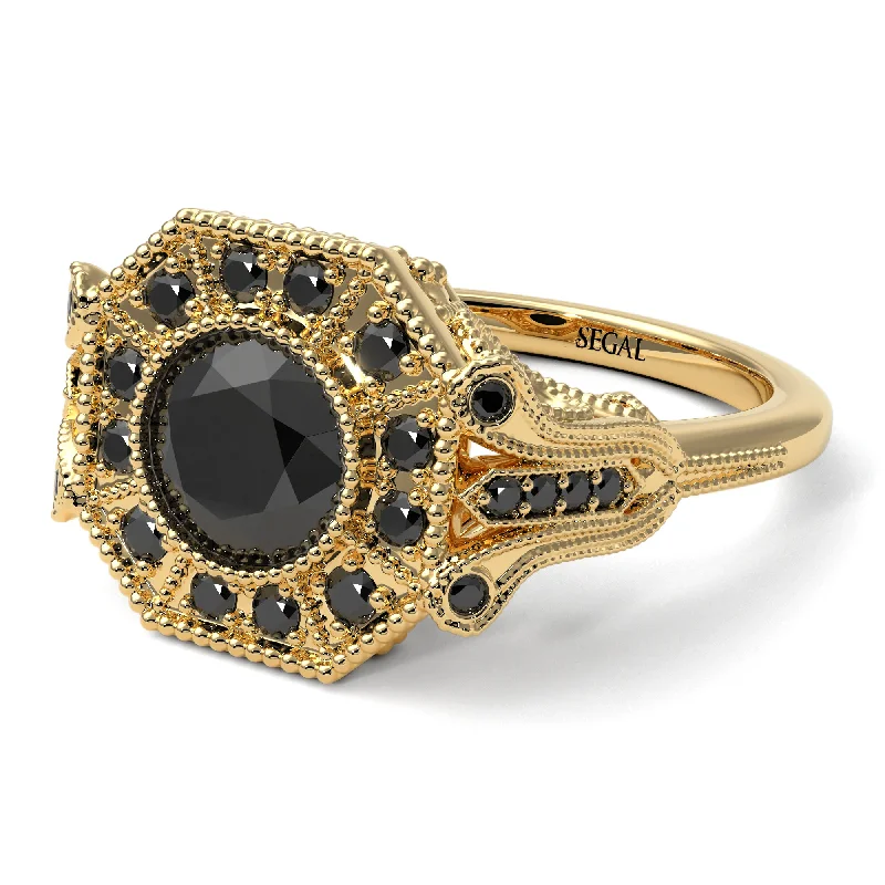 Ladies engagement rings hammered halo styles-Black Diamond 14K Gold Art Deco Engagement Ring - Erin No. 37