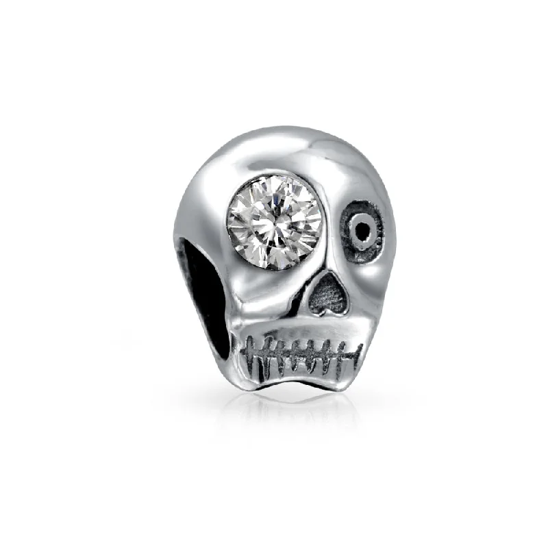 Ladies bracelets ruby gem accents-Halloween Skeleton Skull Charm Bead with CZ Eye Sterling Silver for European Bracelet