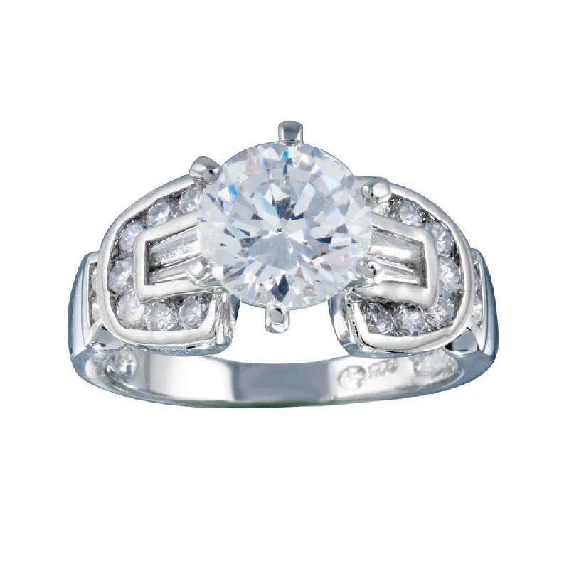 Ladies rings low maintenance styles-Rhodium Plated 925 Sterling Silver Clear Round Center CZ Bridal Ring - BGR00280