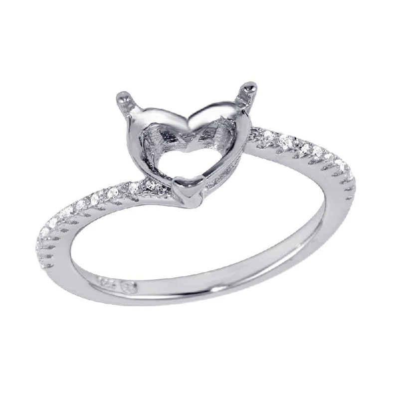 Ladies rings French elegance designs-Rhodium Plated 925 Sterling Silver Asymmetrical Heart Stone Mounting Ring with CZ - BGR01061