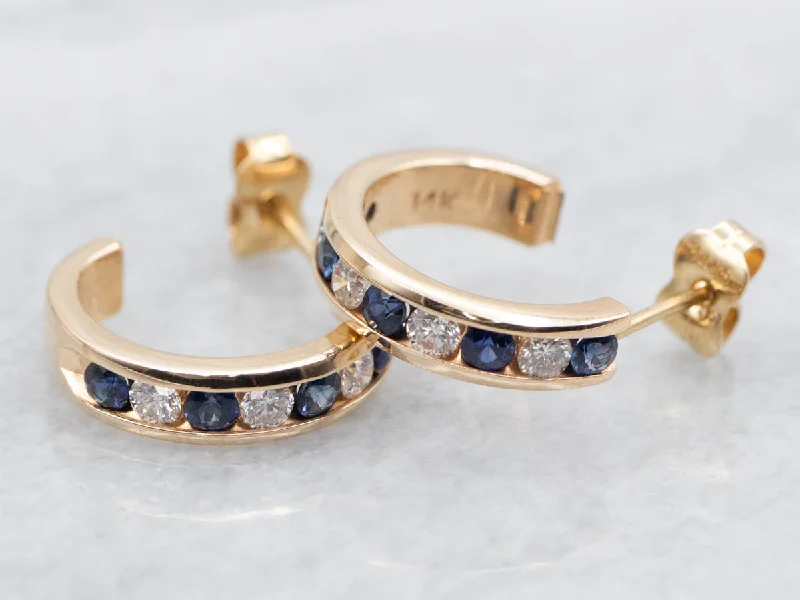 Ladies earrings asscher cut styles-Channel Set Sapphire and Diamond Hoop Earrings