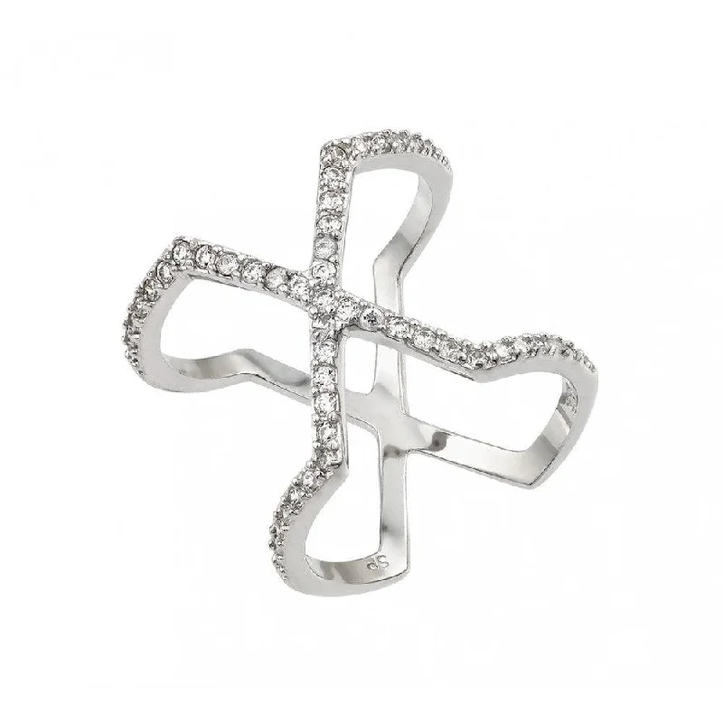 Ladies rings cultural heritage styles-Silver 925 Rhodium Plated Cross X Clear CZ Ring - STR01007