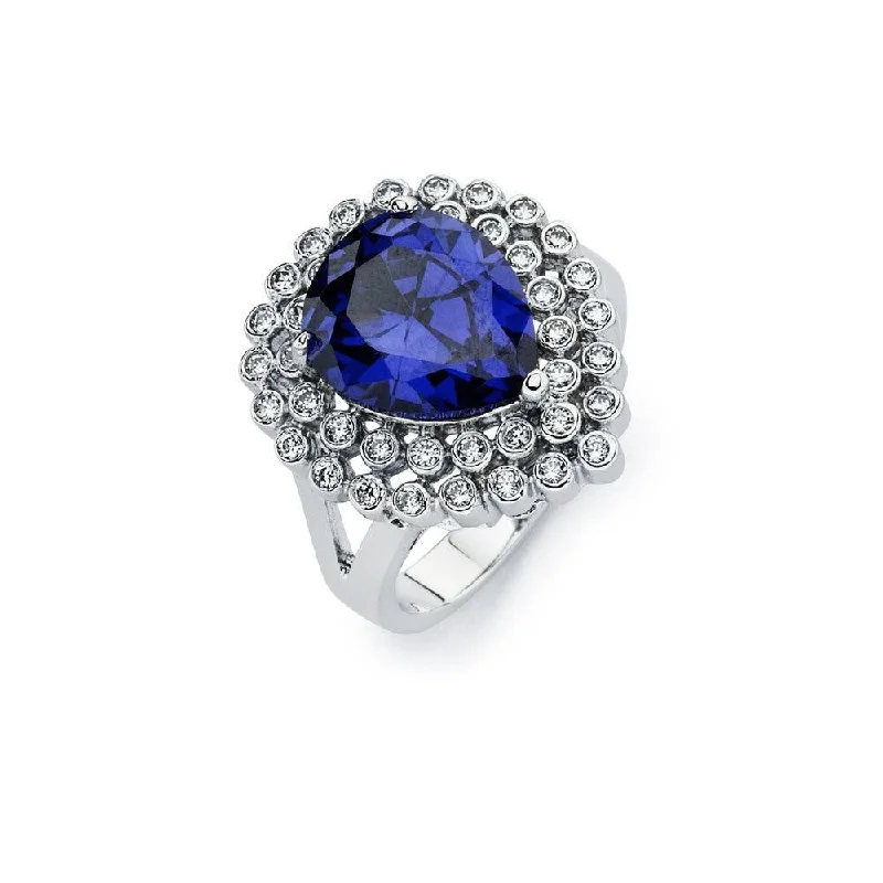 Ladies rings pointed tip styles-Silver 925 Rhodium Plated Blue Pear Center and Clear Round Cluster CZ Ring - BGR00747