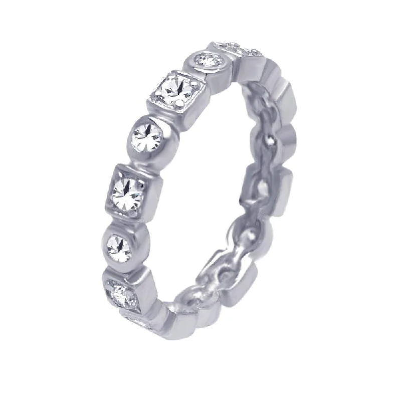 Ladies rings famous designer labels-Silver 925 Rhodium Plated Clear Square Round CZ Stackable Eternity Ring - AAR0009