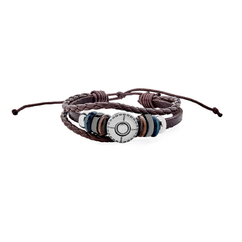 Ladies bracelets bold geometric designs-Boho Brown Leather Triple Wrap Bracelet with Wood Beads and Coin Charm for Men