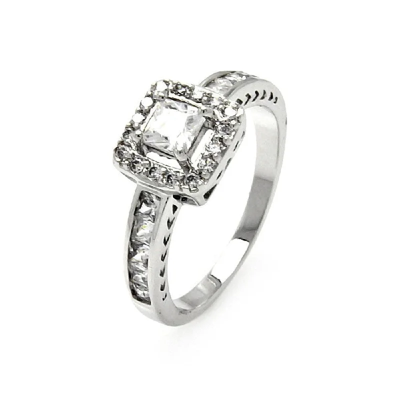 Ladies rings wave pattern rings-Silver 925 Rhodium Plated Clear Channel Set Princess Cut CZ Square Ring - BGR00463