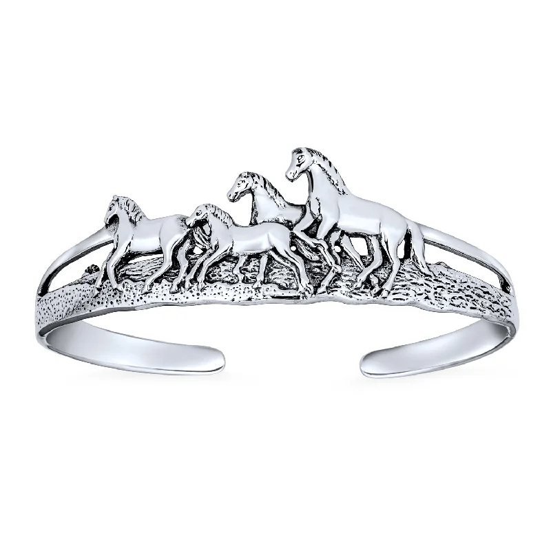 Ladies bracelets delicate thin styles-Unisex Equestrian Cuff Bracelet with Running Horses in Antiqued Sterling Silver Finish