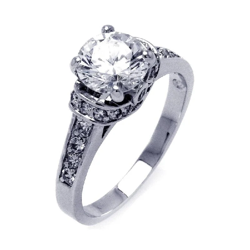 Ladies rings milestone marker rings-Silver 925 Rhodium Plated Channel Set Clear Round Center CZ Bridal Ring - BGR00397