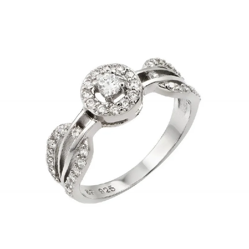 Ladies rings expressionist designs-Silver 925 Rhodium Plated Looped Band Pave Small Center CZ Ring - STR00944