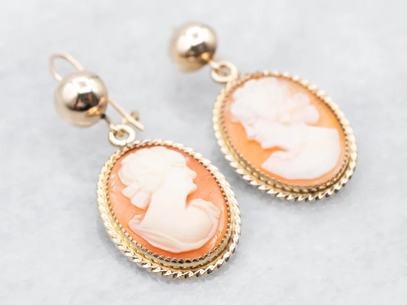 Ladies earrings aged patina earrings-Yellow Gold Cameo Drop Earrings