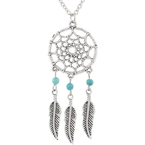 Ladies necklaces commitment charm styles-Vintage Necklace Link Cable Chain Silver Tone Dreamcatcher Feather Pendant 52.0cm(20 4/8") long