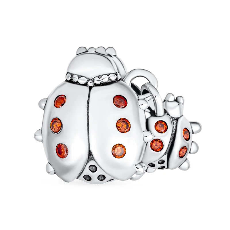 Ladies bracelets soft curve bracelets-Insect Garden Ladybugs Red CZ Dangle Charm Bead Sterling Silver for Bracelet