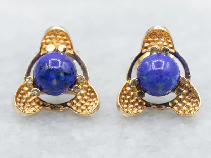 Ladies earrings multi-stone designs-Textured Yellow Gold Lapis Stud Earrings