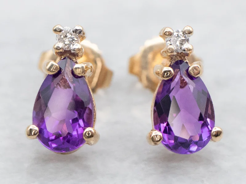 Ladies earrings trillion cut styles-Amethyst and Diamond Stud Earrings