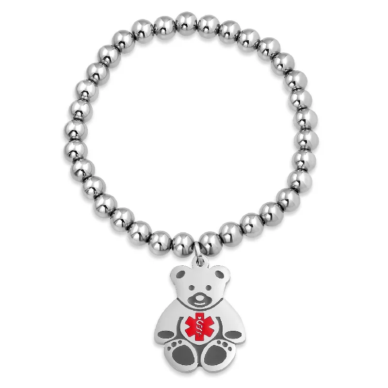 Ladies bracelets promise bracelet options-Medical ID Bracelet with Teddy Bear Charm and Silver Tone Beads