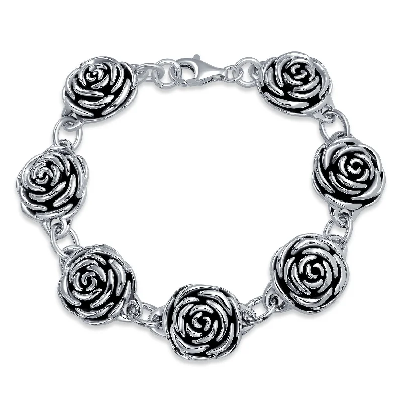 Ladies bracelets custom engraving options-Antiqued Finish 3D Garden Flower Strand Bracelet Black Rose Oxidized Silver