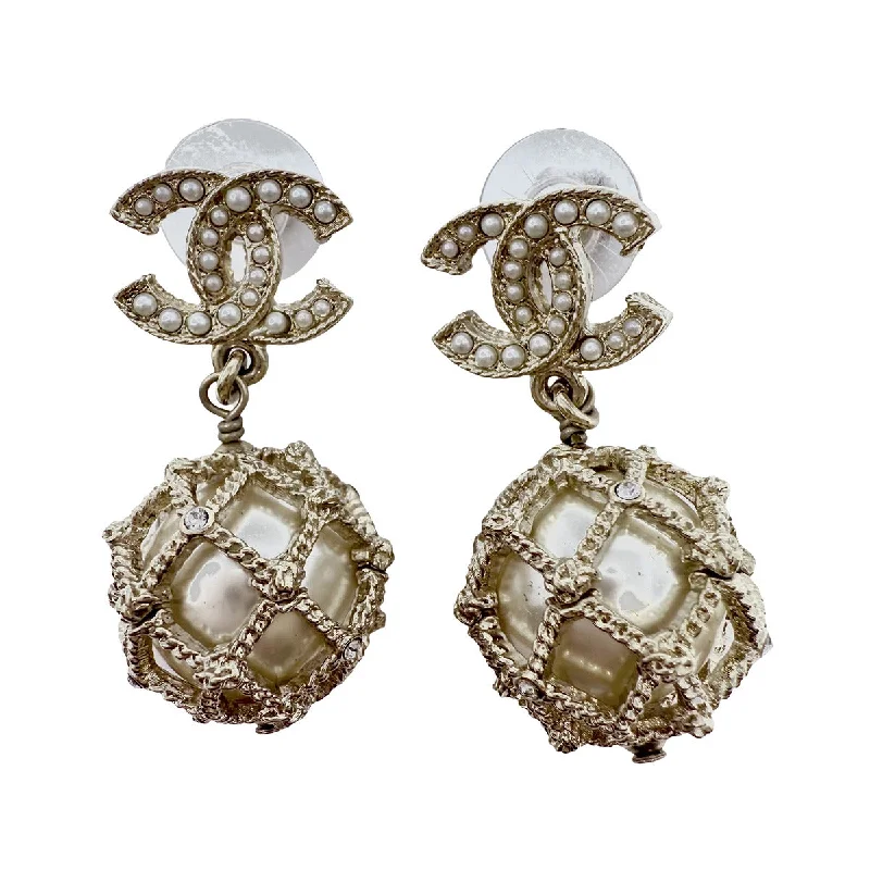 Ladies earrings gothic revival styles-Chanel 2019 Caged Faux Pearl Drop Earrings