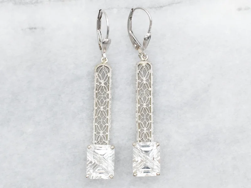 Ladies earrings raw stone earrings-White Topaz Filigree Drop Earrings