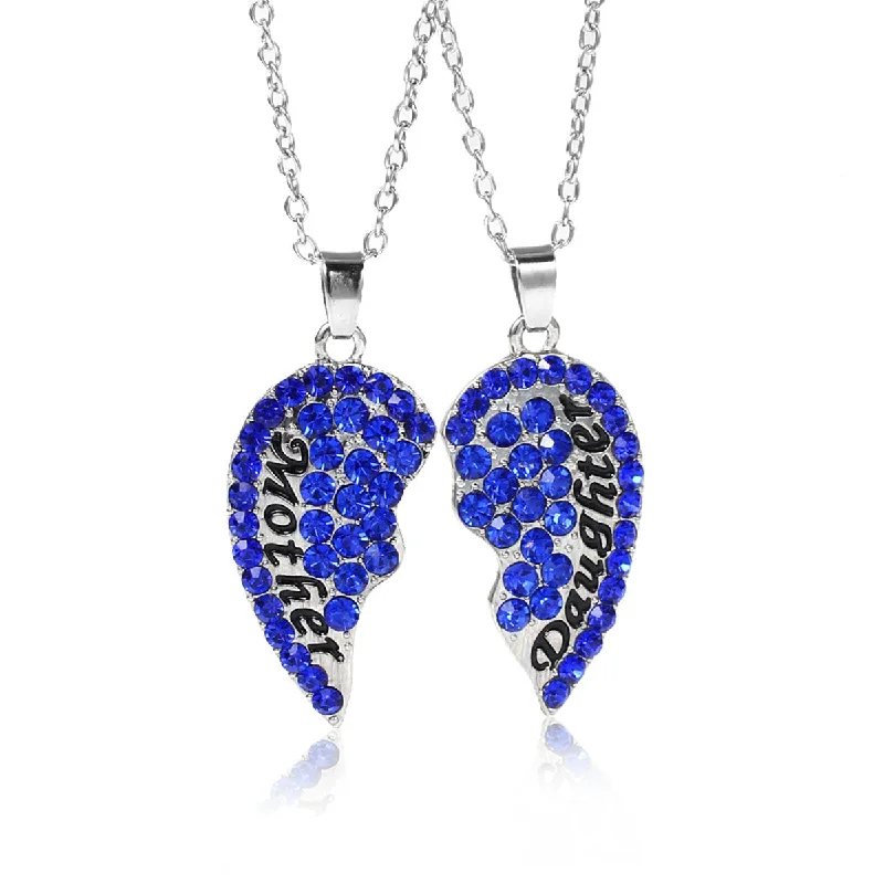 Ladies necklaces onyx black accents-Necklace Long Link Cable Chain Broken Heart Message " Mother & Daughter " Pendants Royal Blue Rhinestone