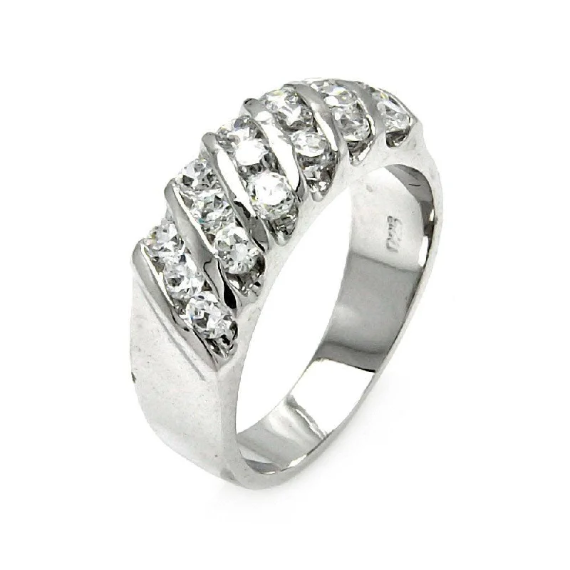 Ladies rings exclusive craft styles-Silver 925 Rhodium Plated Clear Round CZ Stripe Ring - BGR00561