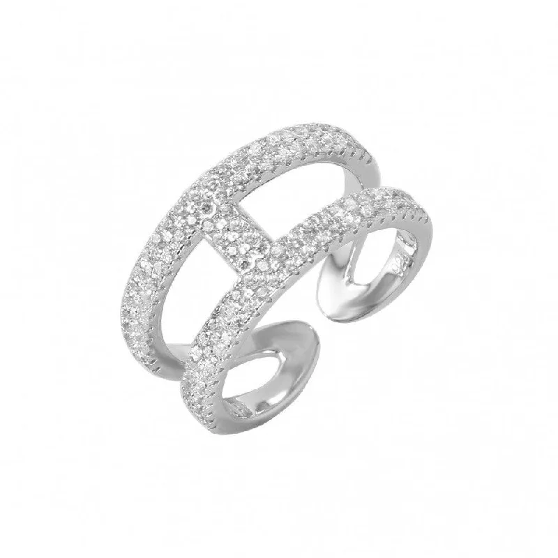 Ladies rings top jewelry brands-Silver 925 Rhodium Plated Open H-Shaped CZ Ring - GMR00040