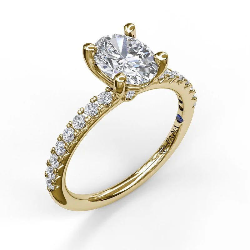 Ladies engagement rings rose-cut diamond bands-Classic Single Row Engagement ring with an Oval Center Diamond.