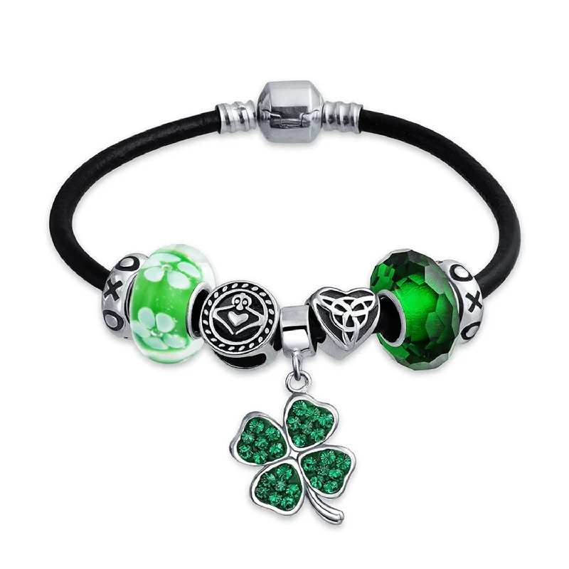 Ladies bracelets firm grip designs-Celtic Clover Shamrock Claddagh Charm Bracelet Leather Sterling Silver