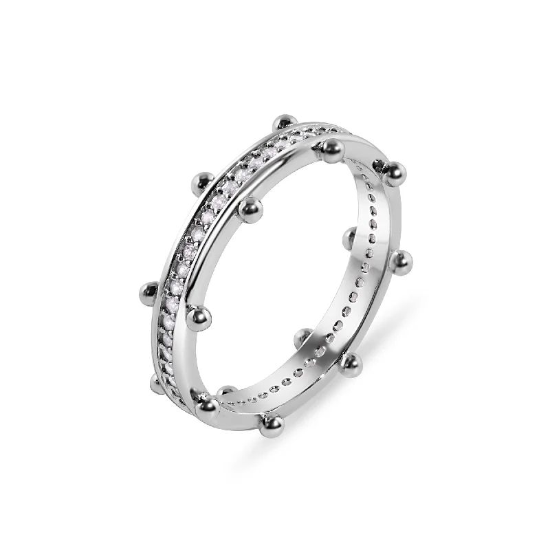 Ladies rings heavy statement pieces-925 Sterling Silver  Rhodium Plated Beaded Eternity Clear CZ 2.5mm Ring - GMR00401