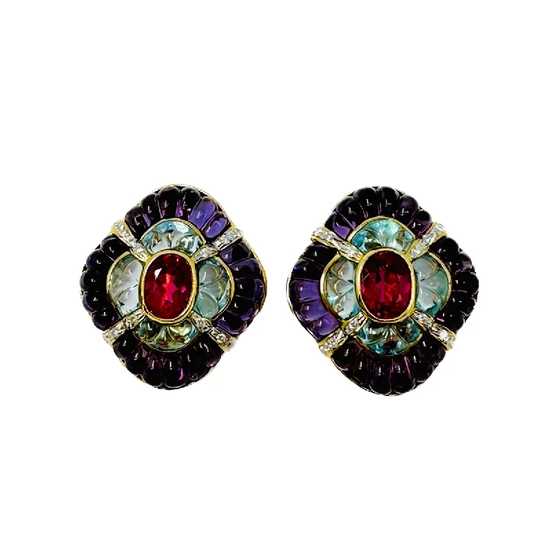 Ladies earrings retro charm designs-18K Gold Clip-on Earrings with Amethyst, Blue Topaz and Diamonds