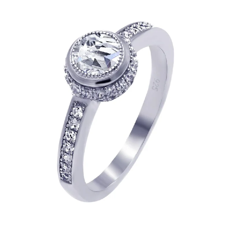 Ladies rings double halo designs-Silver 925 Rhodium Plated Micro Pave Round Center CZ Circle Ring - ACR00046