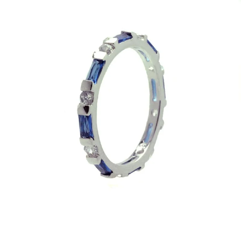 Ladies rings baguette cut styles-Silver 925 Rhodium Plated Blue CZ Stackable Eternity Ring - BGR00621