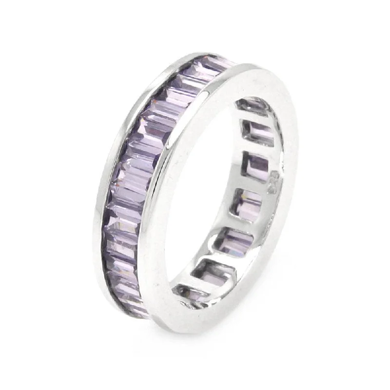 Ladies rings radiant shine styles-Silver 925 Rhodium Plated Channel Set Purple Baguette CZ Eternity Ring - STR00124AMY