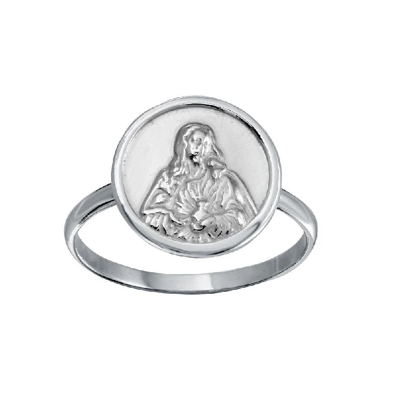 Ladies rings chunky statement designs-High Polished 925 Sterling Silver Disc Mother Mary Design Ring - SOR00032