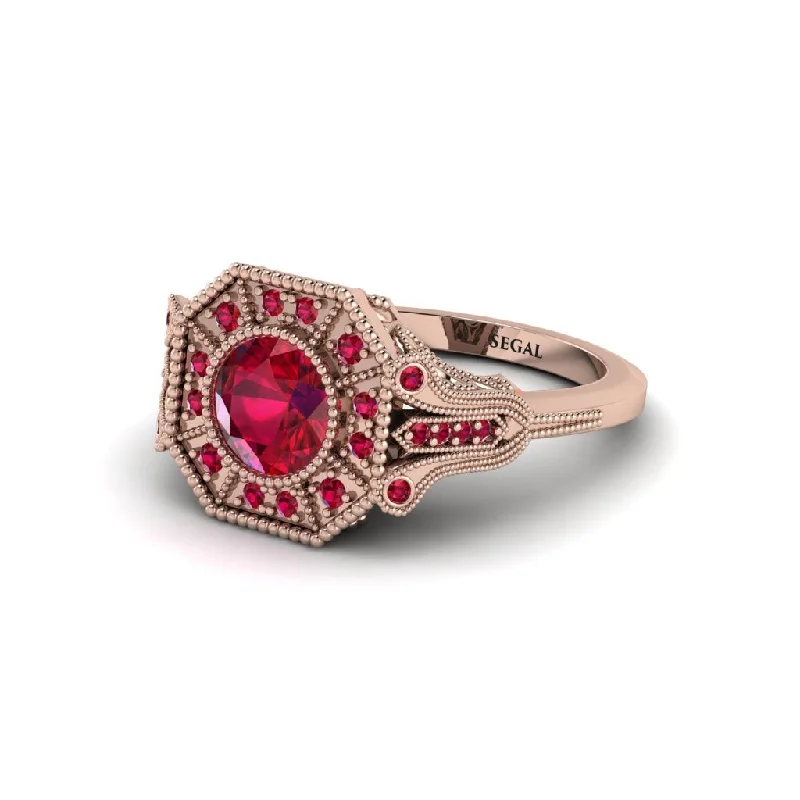 Ladies engagement rings bespoke halo bands-Ruby 14K Gold Art Deco Engagement Ring - Erin No. 56