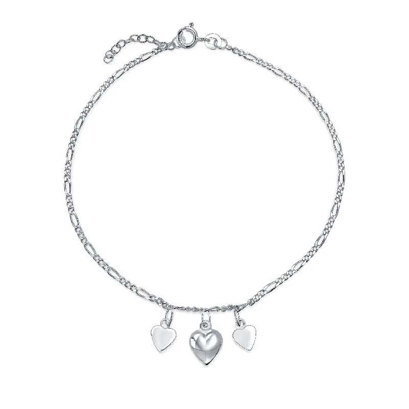 Ladies bracelets stackable bracelet sets-Three Dangling Hearts Charms Anklet Ankle Bracelet Sterling Silver 9-10"