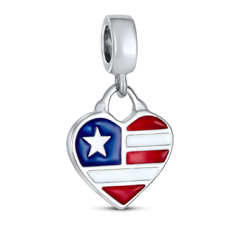 Ladies bracelets rigid frame designs-Patriotic Flag Heart Dangle Charm Bead Sterling Silver for European Bracelet