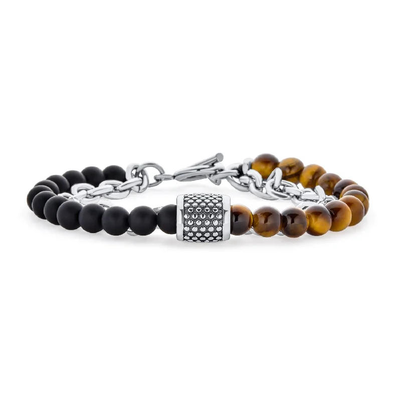 Ladies bracelets collectible jewelry items-Mixed Two Tone Stretch Bracelet with Gemstone Beads & Silver Toggle Clasp