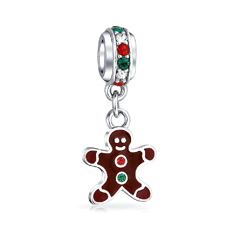 Ladies bracelets milestone marker pieces-Christmas Charm Bead Gingerbread Man Cookie Brown Enamel Sterling Silver Bracelet