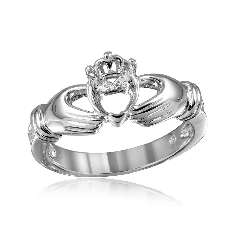 Ladies rings brass vintage styles-Silver 925 Rhodium Plated Claddagh CZ Heart Mounting Ring - BGR00491