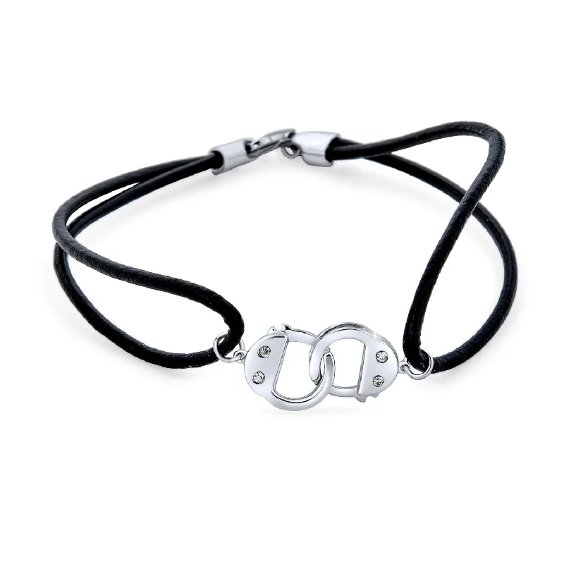 Ladies bracelets office-friendly elegance-Minimalist Wrap Bracelet Black Leather Cord with Sterling Silver Handcuff Design