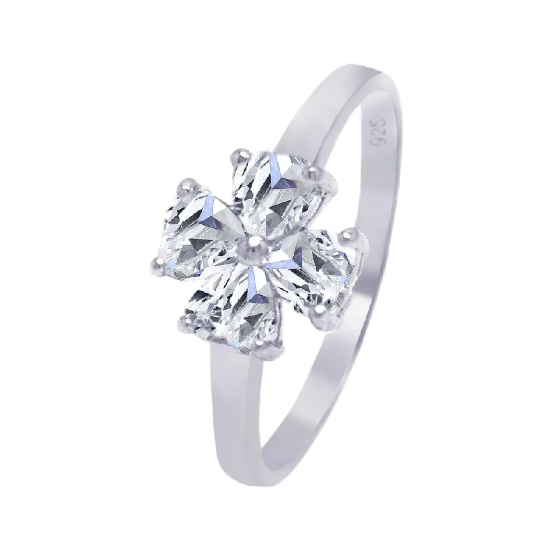 Ladies rings artisan cooperative rings-Silver 925 Rhodium Plated Clear CZ Cross Clover Ring - AAR0010