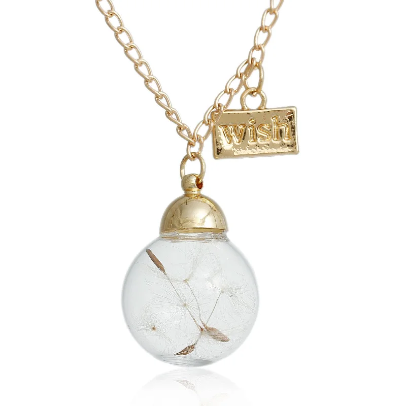 Ladies necklaces global brand styles-"Wish" Dandelion Clear Glass Ball Pendant Necklace Gold Tone Link Curb Chain Make a wish