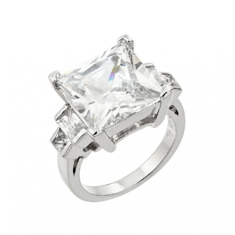 Ladies rings half-eternity designs-Silver 925 Rhodium Plated Large Clear Square CZ Ring - BGR00847